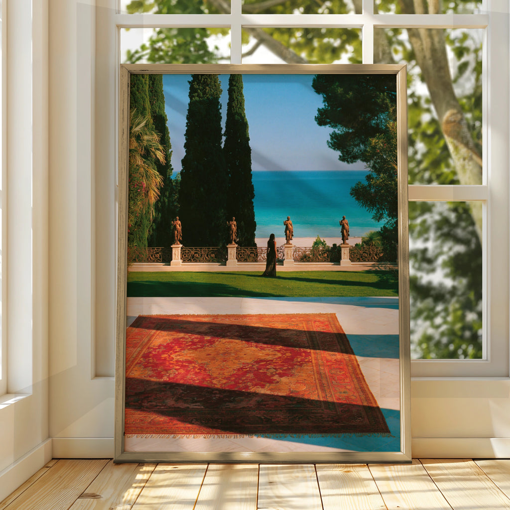 Italian Villa Statues Woman Ocean View Poster, Mediterranean Wall Art Print