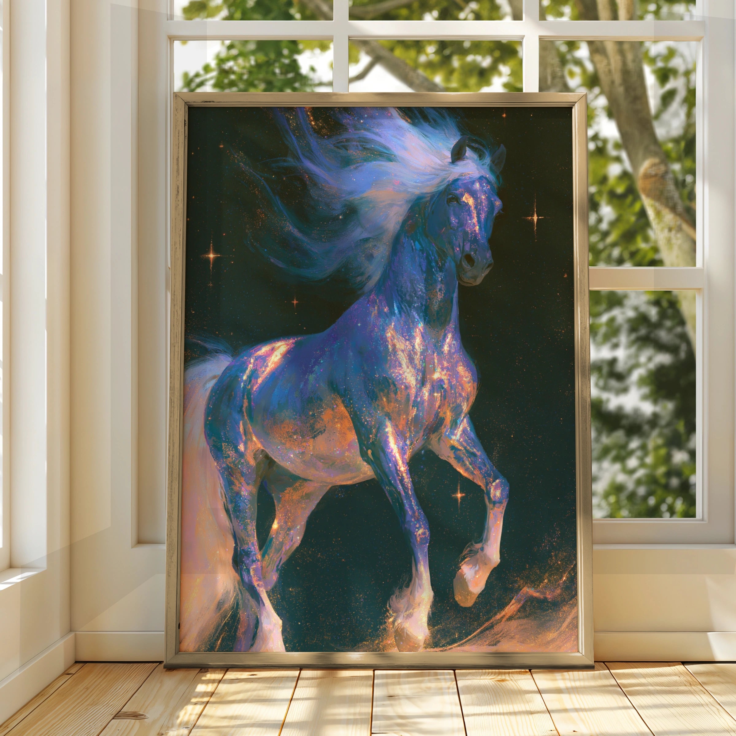 Cosmic Horse Wall Art Poster, Galaxy Stallion Print, Fantasy Celestial Style