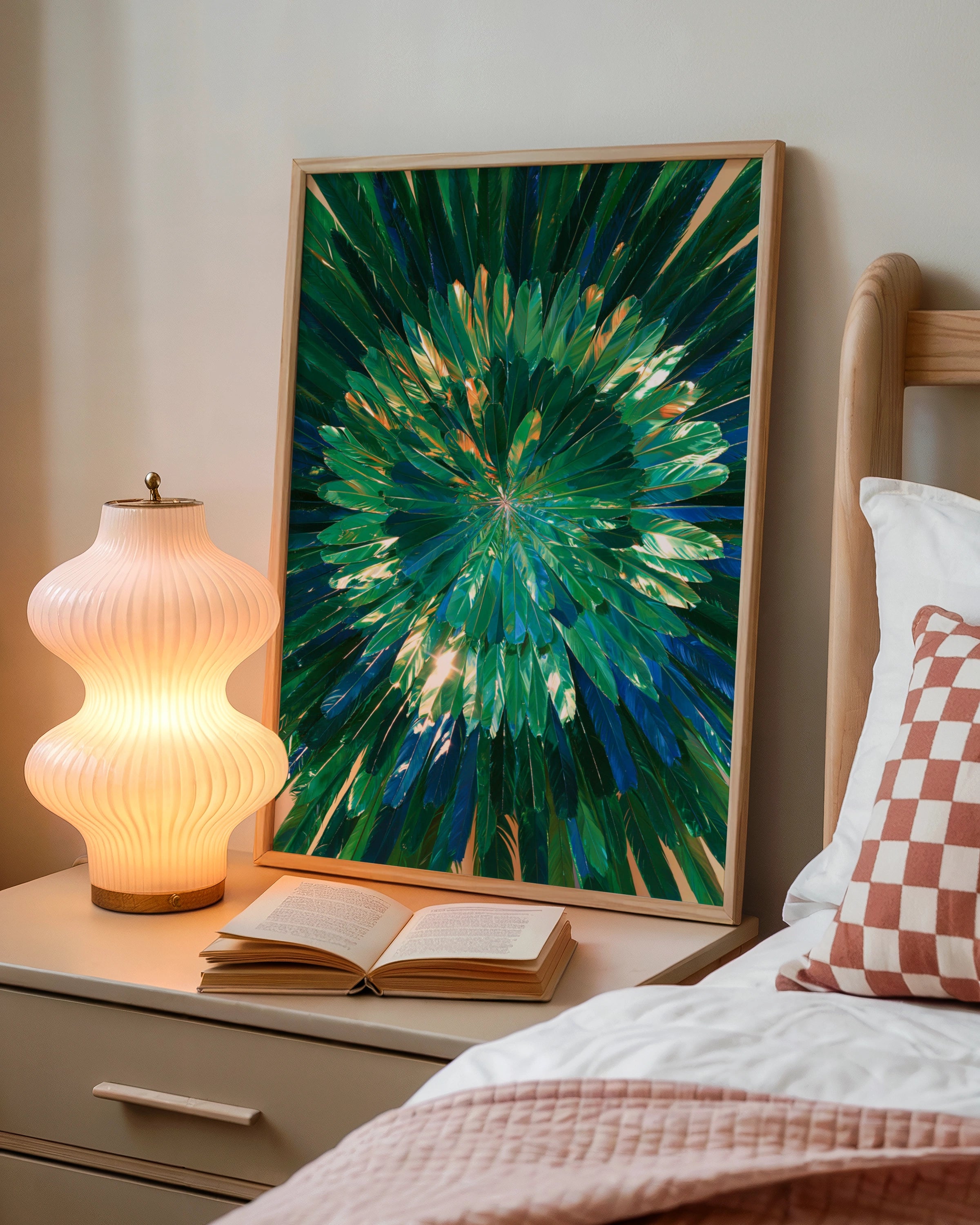 Green Feathers Burst Wall Art Poster, Iridescent Radial Nature Print