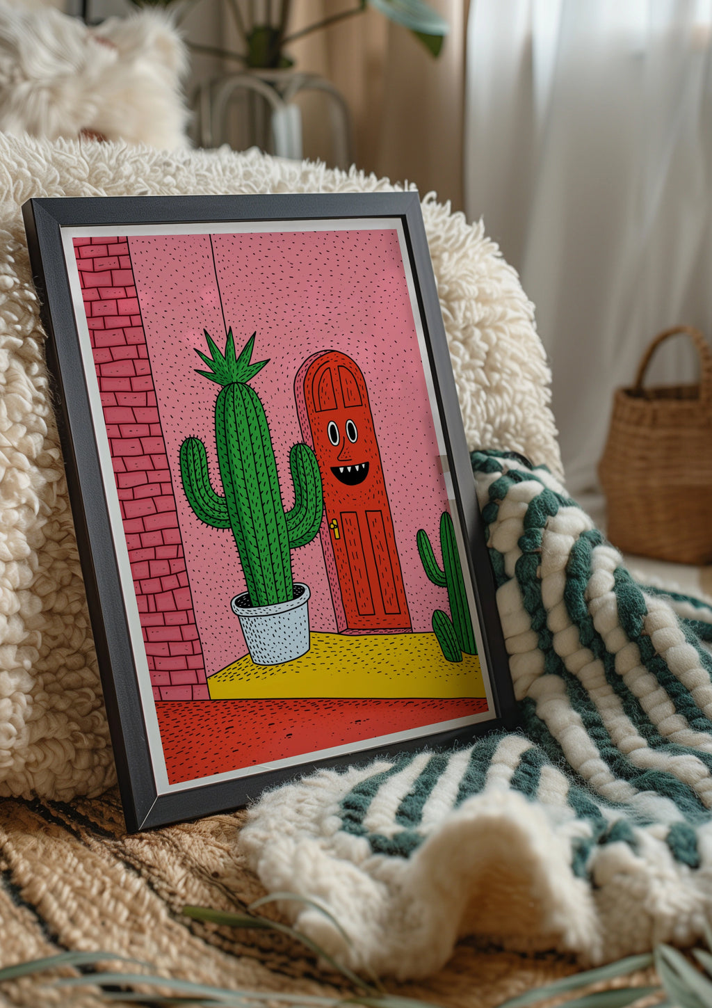 Cactus Door Art Print, Quirky Illustrated Poster, Bold Colourful Wall Art