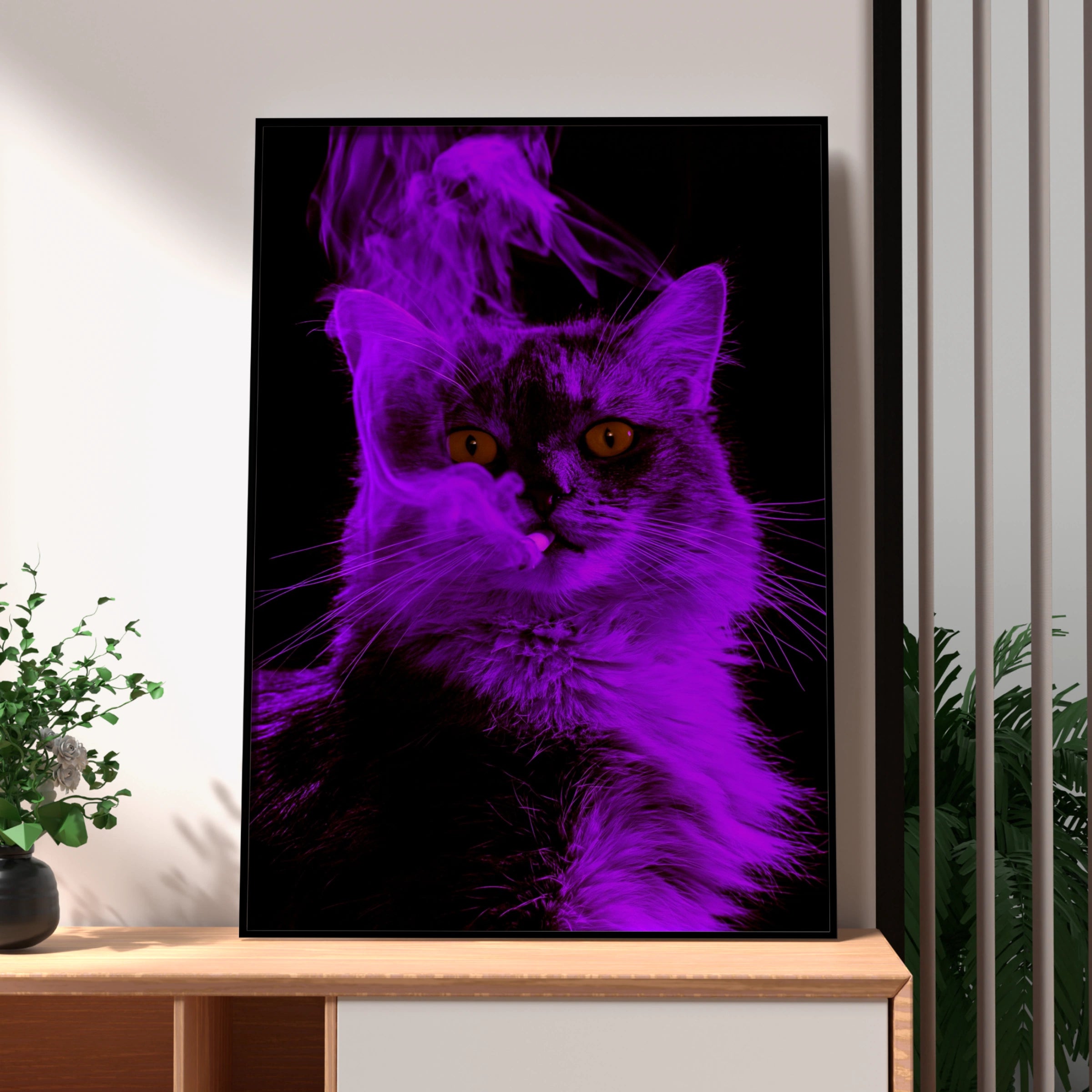Purple Smoking Cat Poster, Neon Feline Wall Art, Dark Moody Print