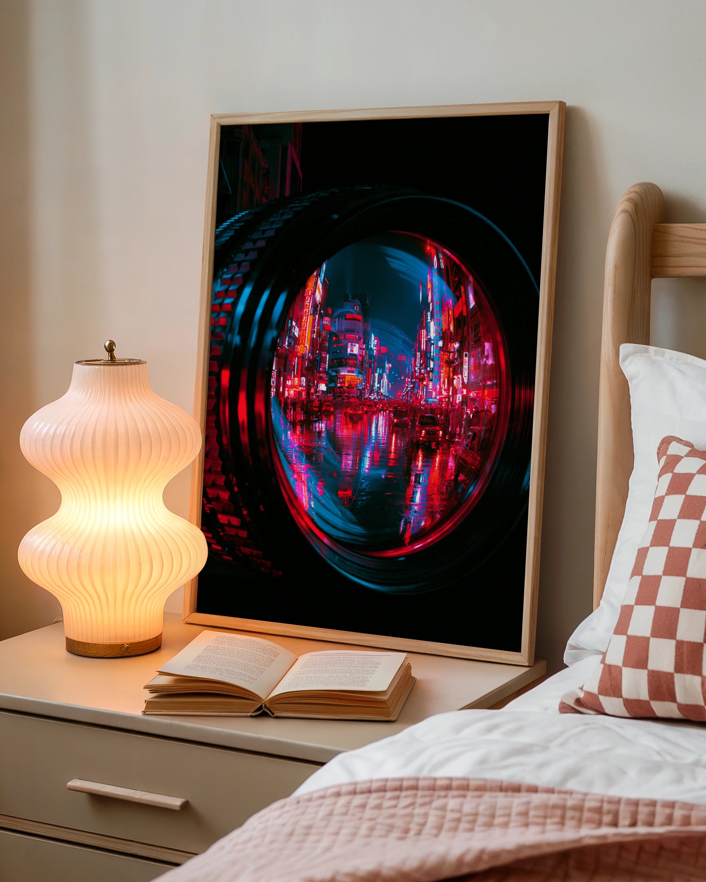 Tokyo Neon Night Camera Lens Poster, Cyberpunk Japan Street Art Print