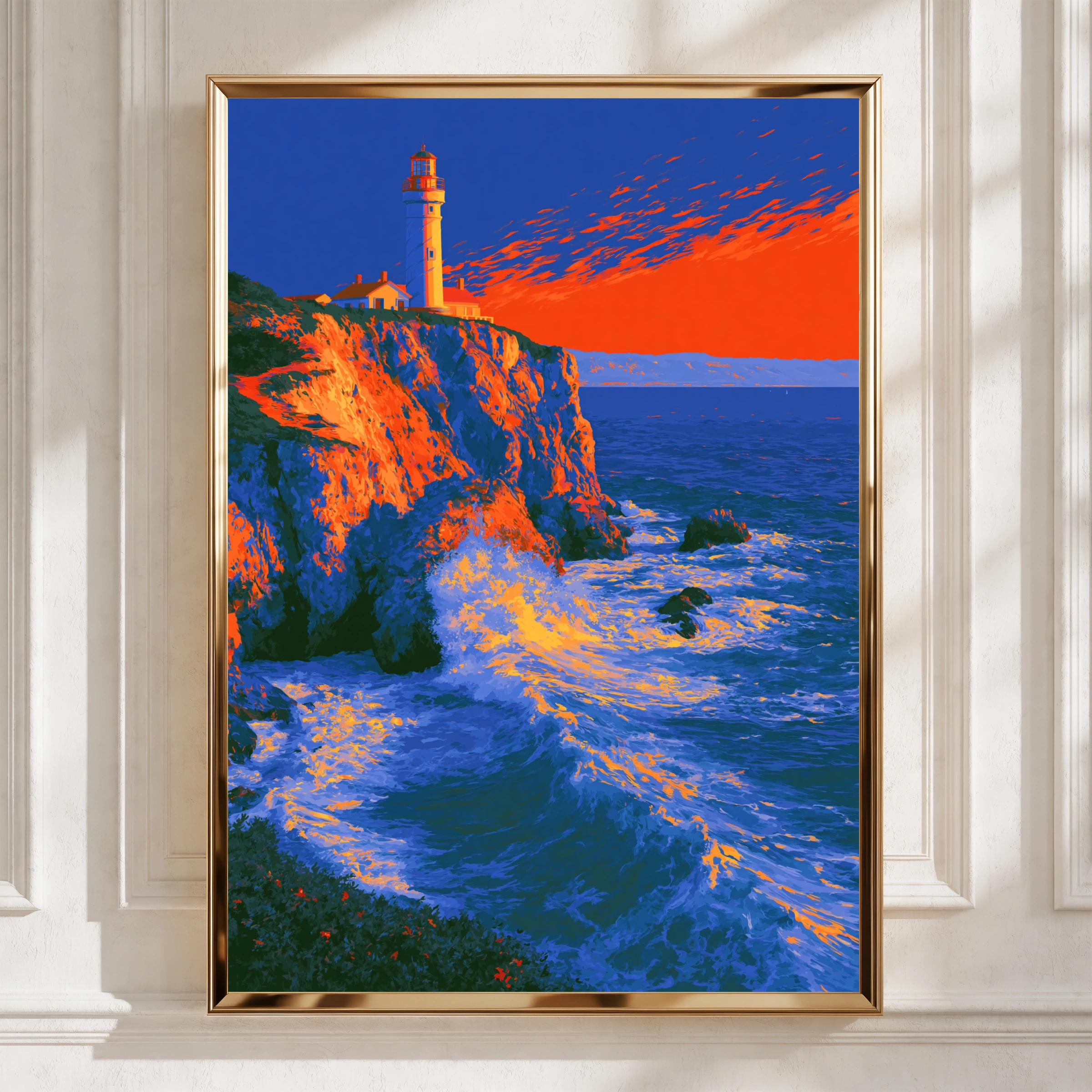 Red Lighthouse Cliff Coastal Wall Art Poster, Bold Sunset Ocean Print