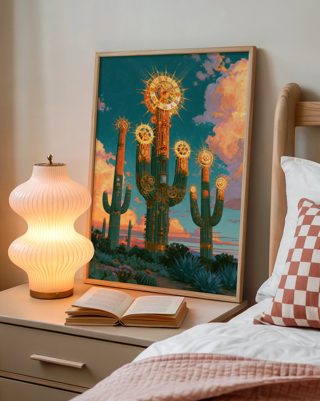 Steampunk Cactus Sun Clock Poster, Desert Fantasy Wall Art, Teal Gold Print