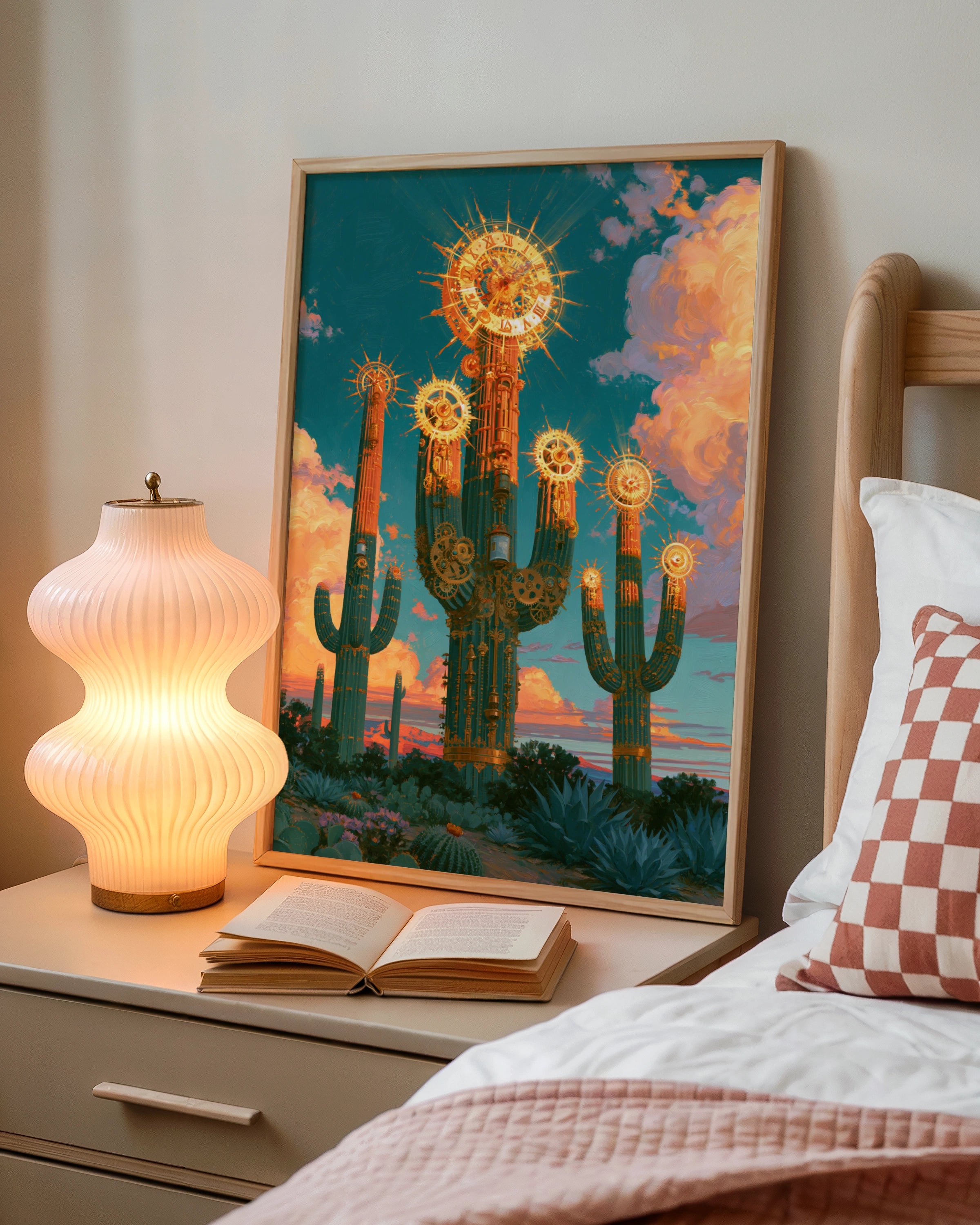 Steampunk Cactus Sun Clock Poster, Desert Fantasy Wall Art, Teal Gold Print