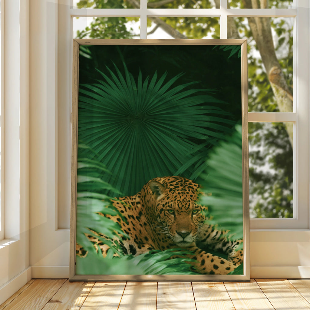 Jaguar in Palm Jungle Poster, Tropical Wildlife Art Print, Bold Green
