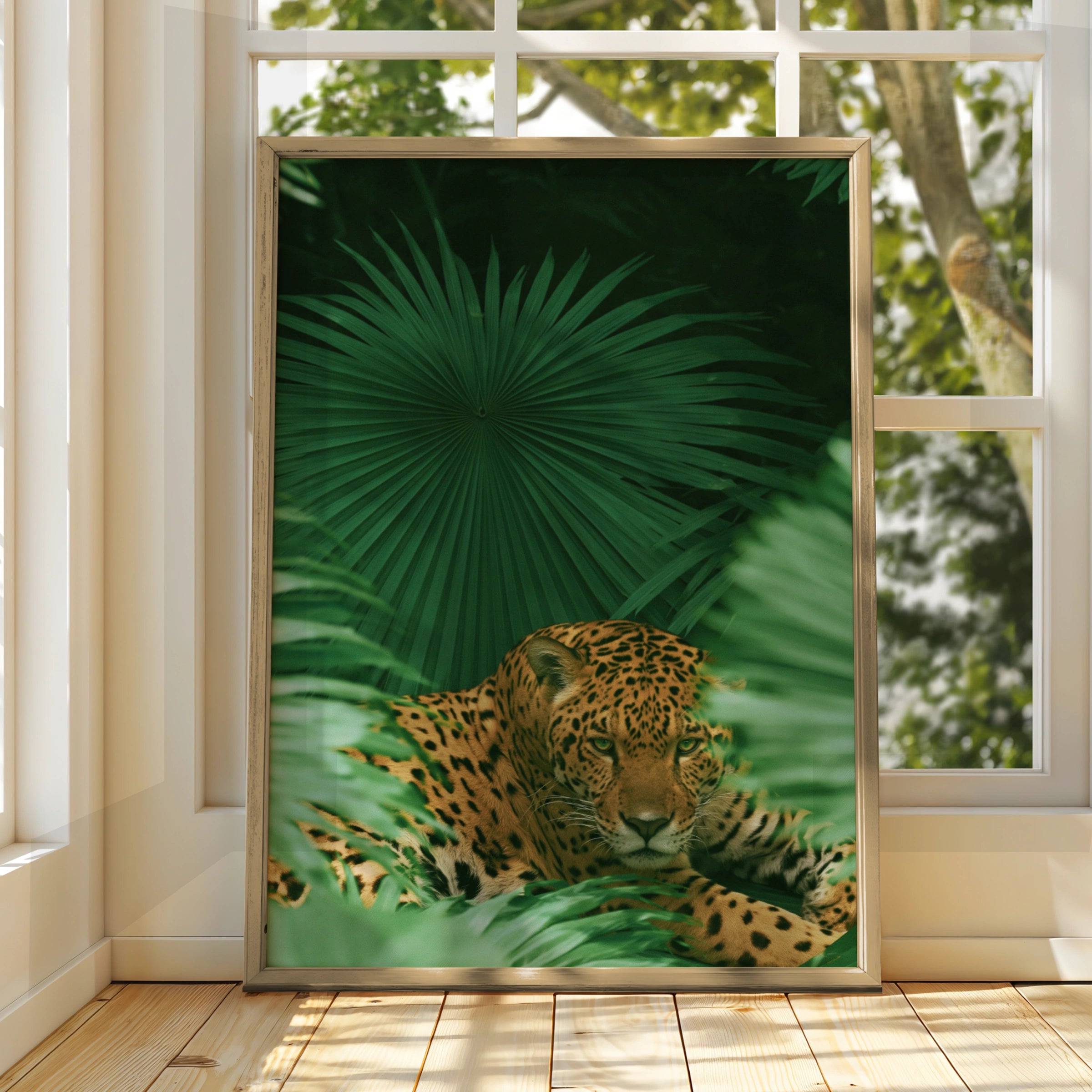 Jaguar in Palm Jungle Poster, Tropical Wildlife Art Print, Bold Green