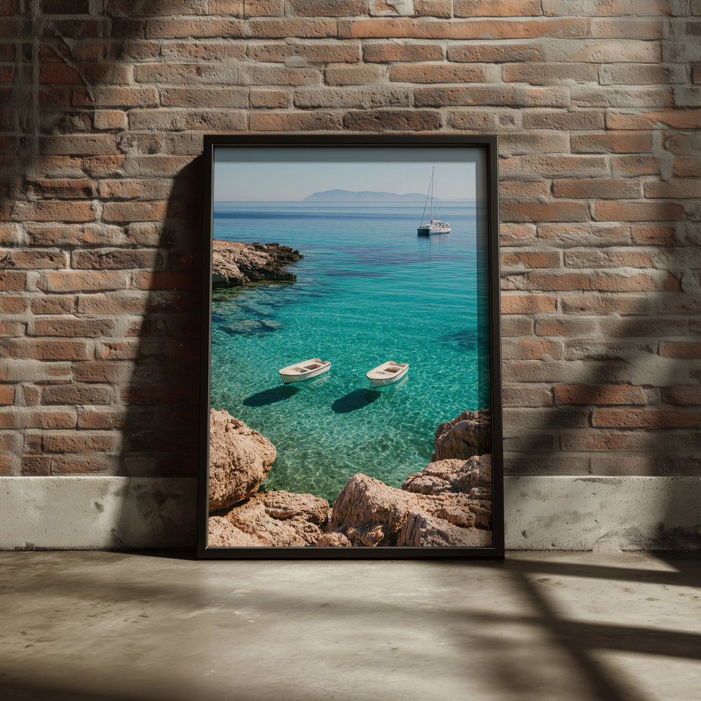 Boats on Crystal Clear Sea, Wall Art Poster, Mediterranean Coastal Print