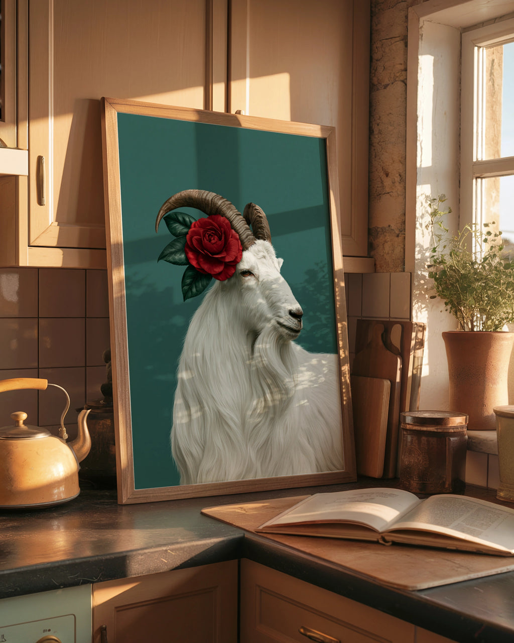 White Goat Red Rose Poster, Floral Animal Portrait Print, Teal Botanical Art
