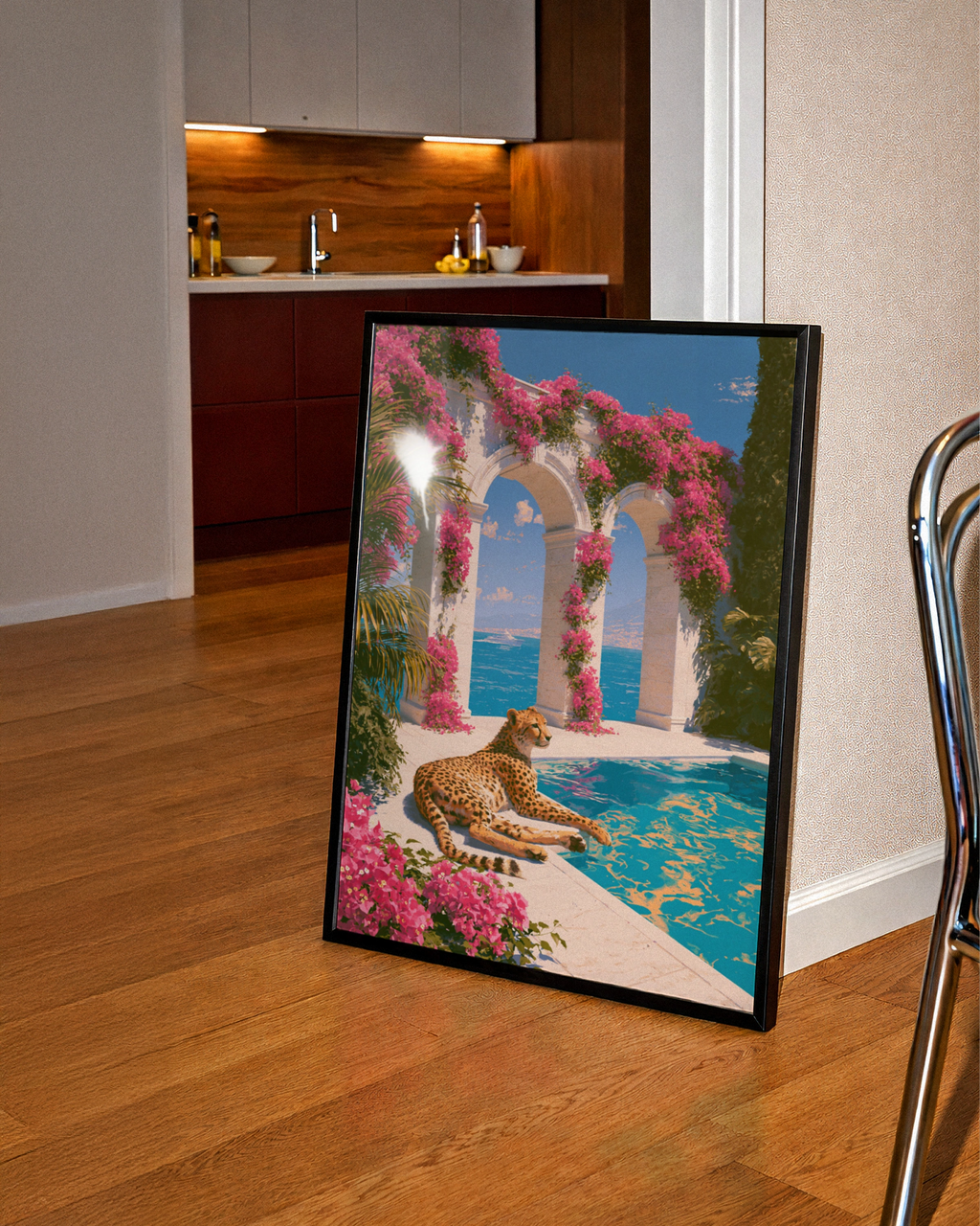 Cheetah Poolside Bougainvillea Arches Poster, Mediterranean Wall Art Print