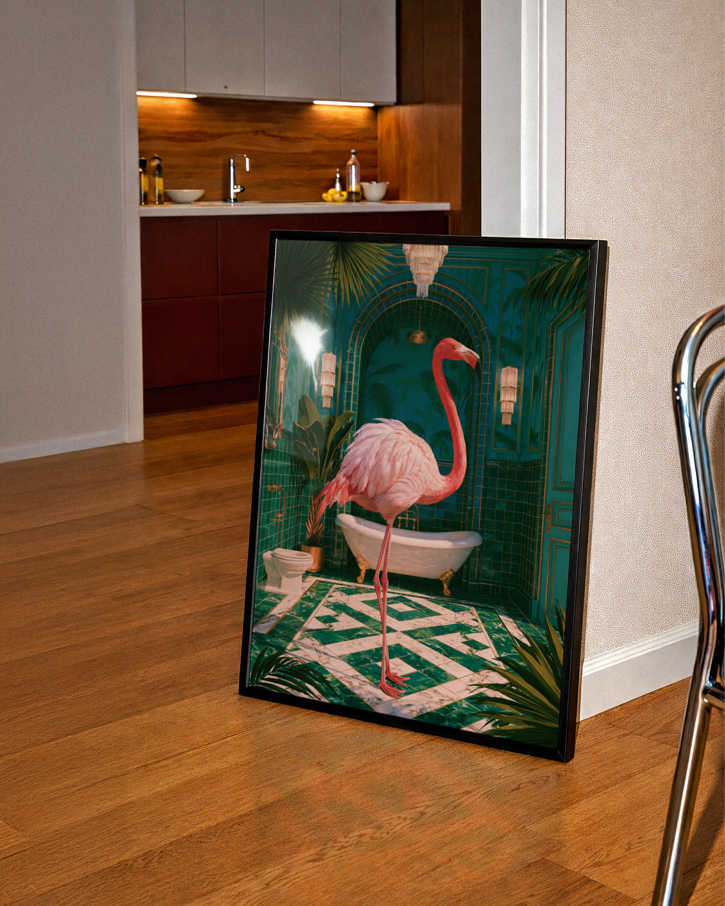 Flamingo Green Bathroom Poster, Pink Bird Tropical Art Deco Print