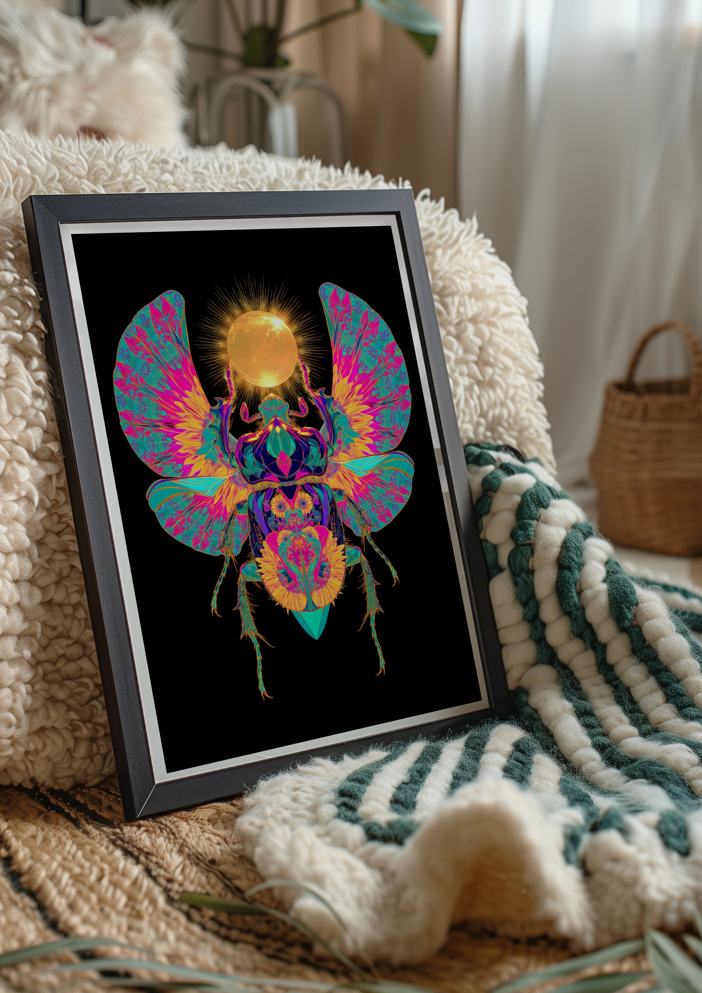 Egyptian Scarab Beetle Poster, Neon Sun Art, Psychedelic Wall Print