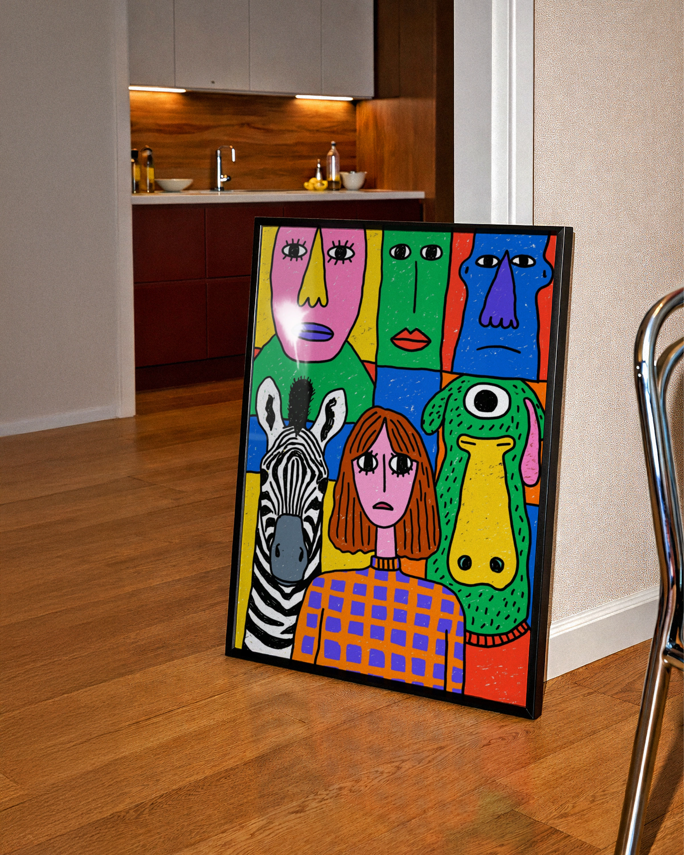 Colourful Abstract Faces Poster, Zebra Girl Monster Wall Art, Bold Drawing