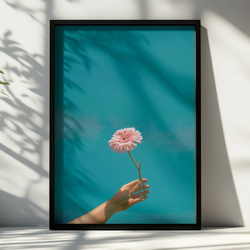 Pink Flower Hand Sky Poster, Gerbera Daisy Print, Teal Blue Botanical Wall Art