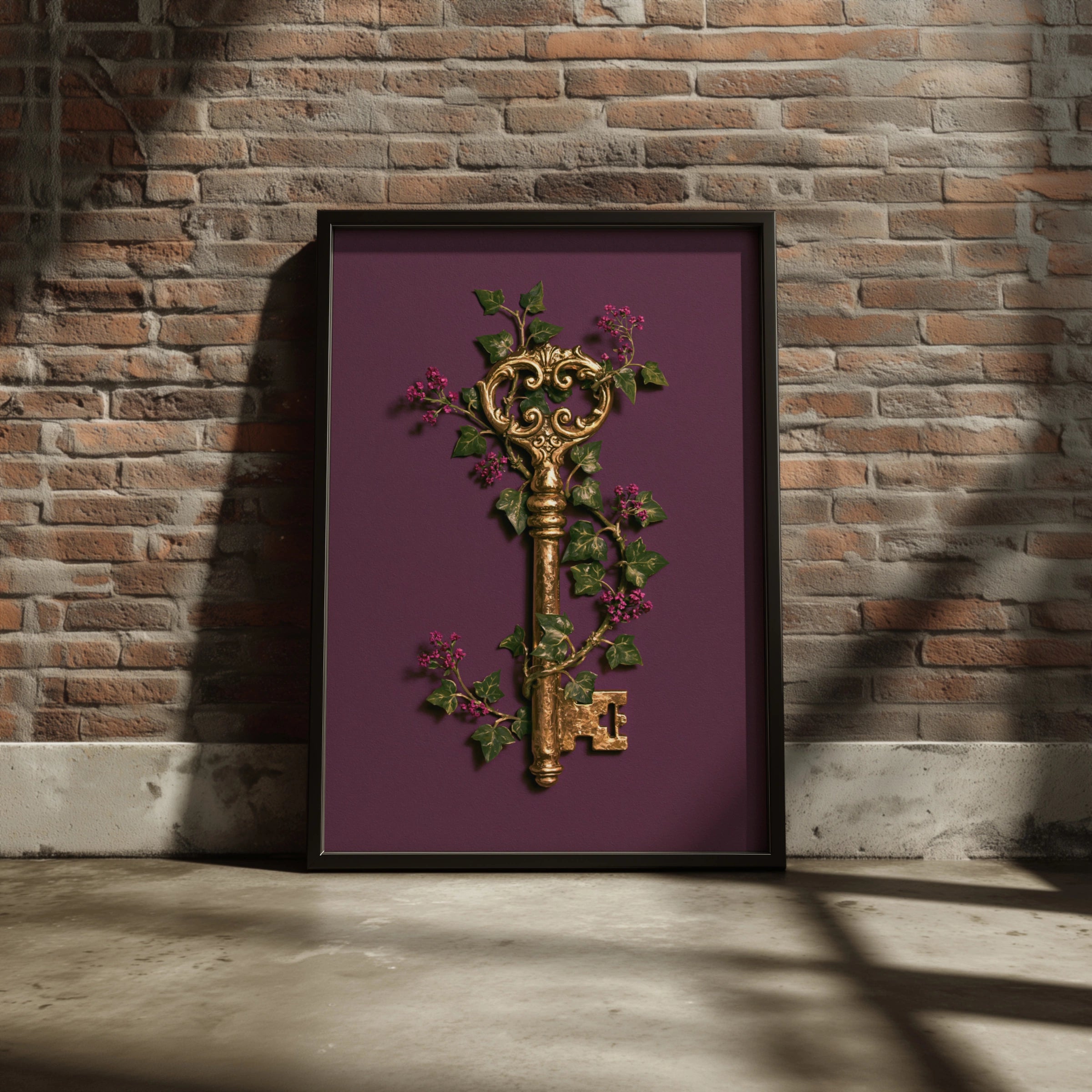 Antique Gold Key Floral Poster, Botanical Ivy Wall Art, Dark Maximalist Print