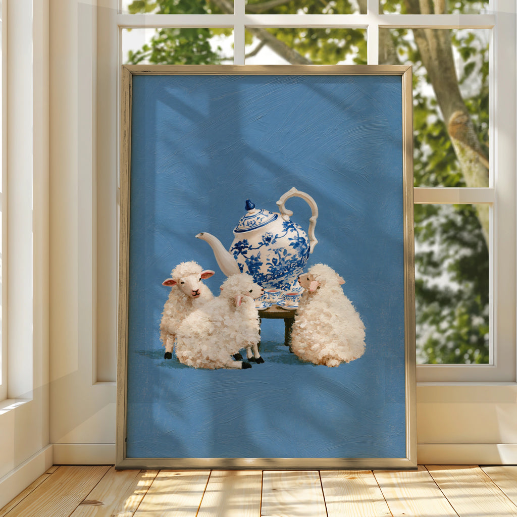 Lambs Tea Party Poster, Blue White Chinoiserie Teapot, Whimsical Sheep Art Print