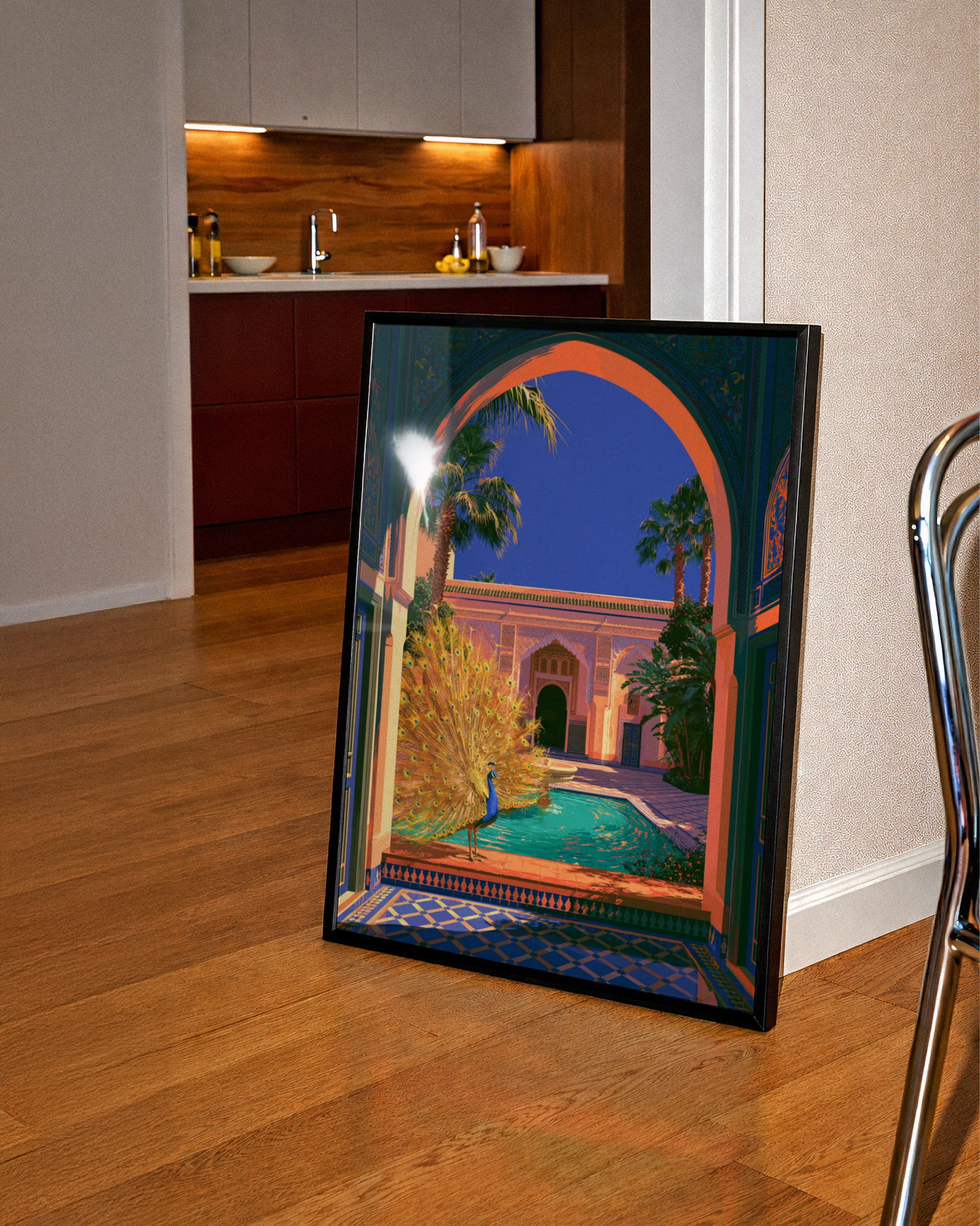 Peacock Moroccan Courtyard Poster, Marrakech Riad Pool Art Print, Vibrant