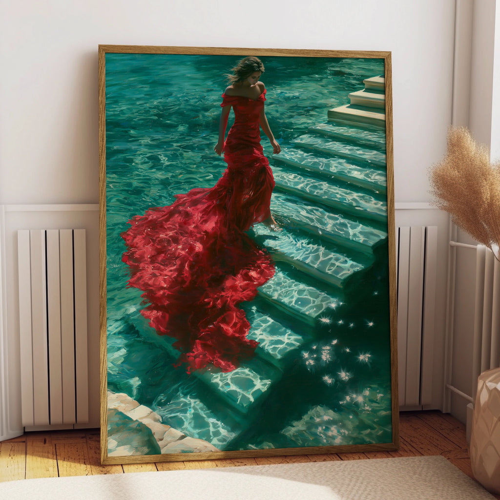 Woman Red Dress Water Steps Poster, Figurative Wall Art, Teal Oil Painting Print