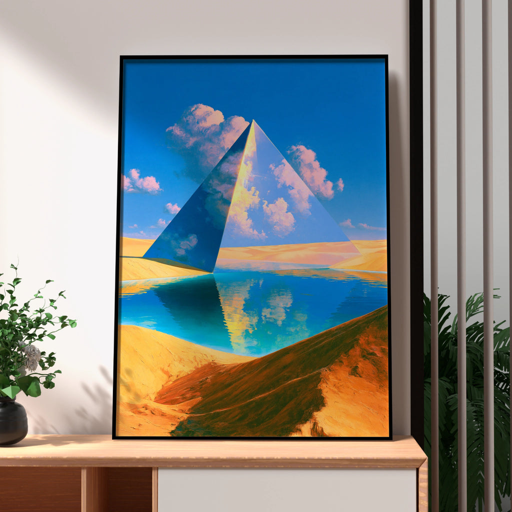 Glass Pyramid Desert Oasis Poster, Surreal Landscape, Vibrant Blue Wall Art