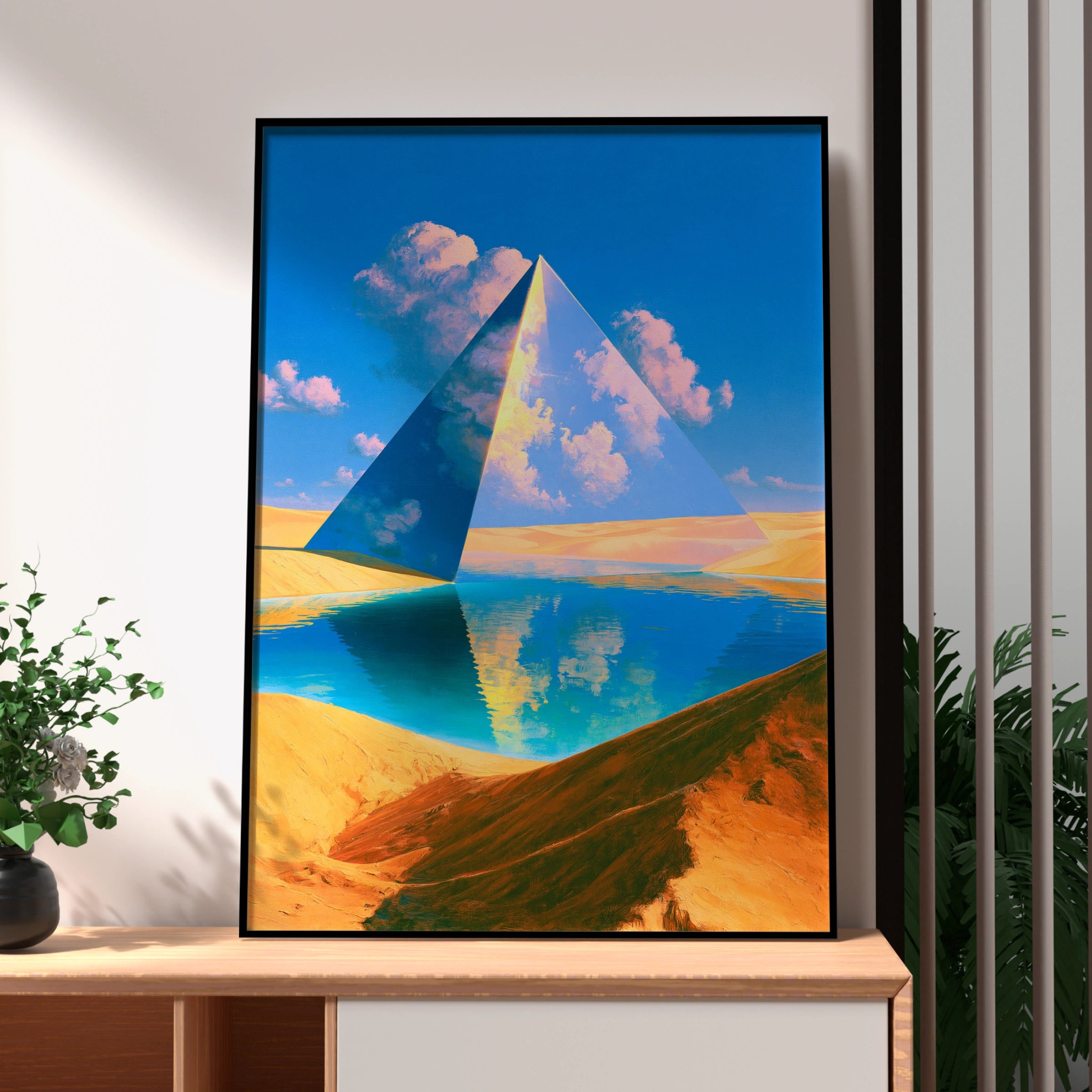 Glass Pyramid Desert Oasis Poster, Surreal Landscape, Vibrant Blue Wall Art