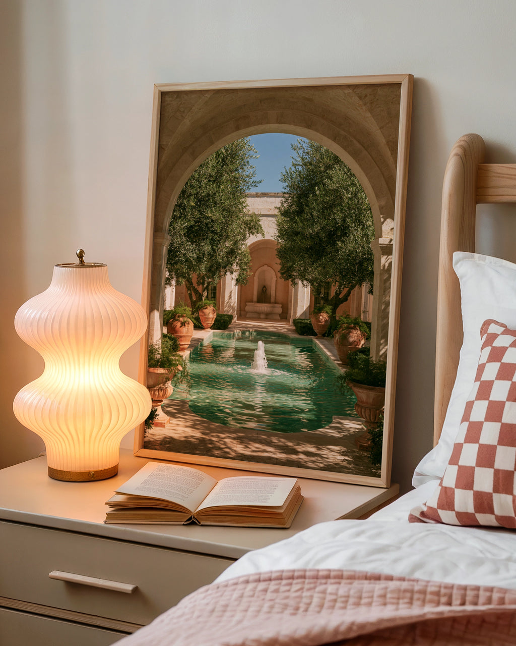 Italian Courtyard Olive Trees Poster, Stone Arch Fountain Wall Art Print
