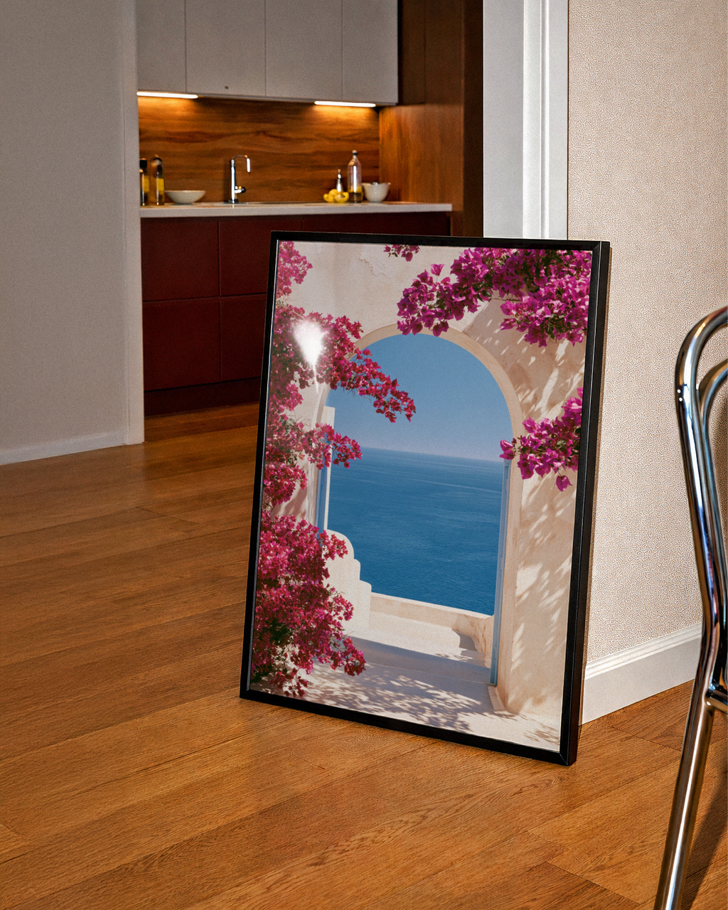 Mediterranean Arch Bougainvillea Sea View Poster, Greek Island Wall Art