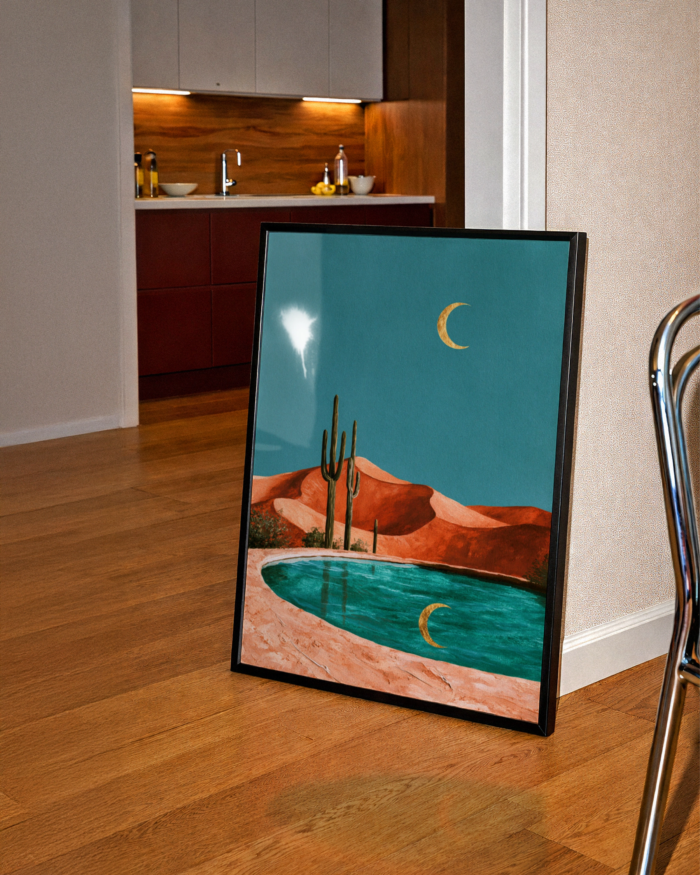 Cactus Moon Desert Pool Poster, Crescent Reflection Art, Boho Landscape Print