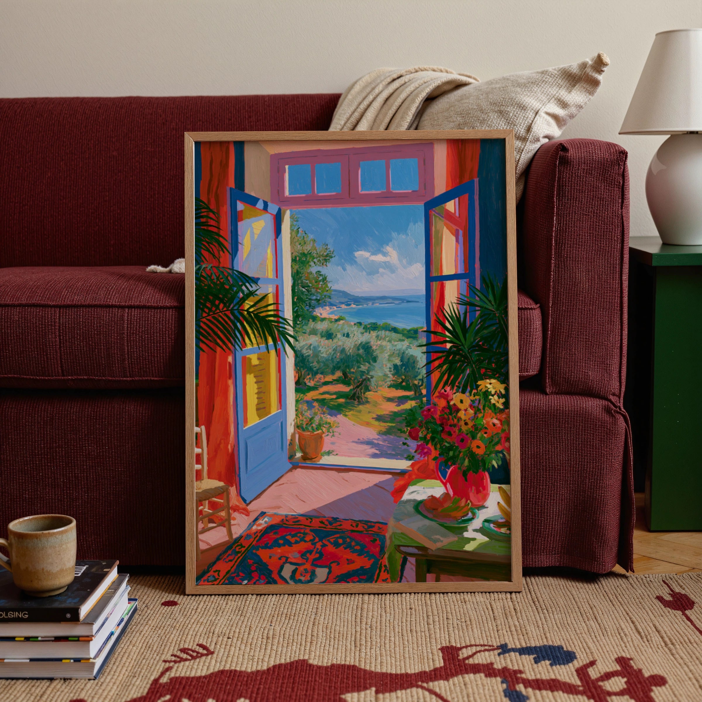 Colourful Olive Grove Window View Poster, Mediterranean Sea Art Print