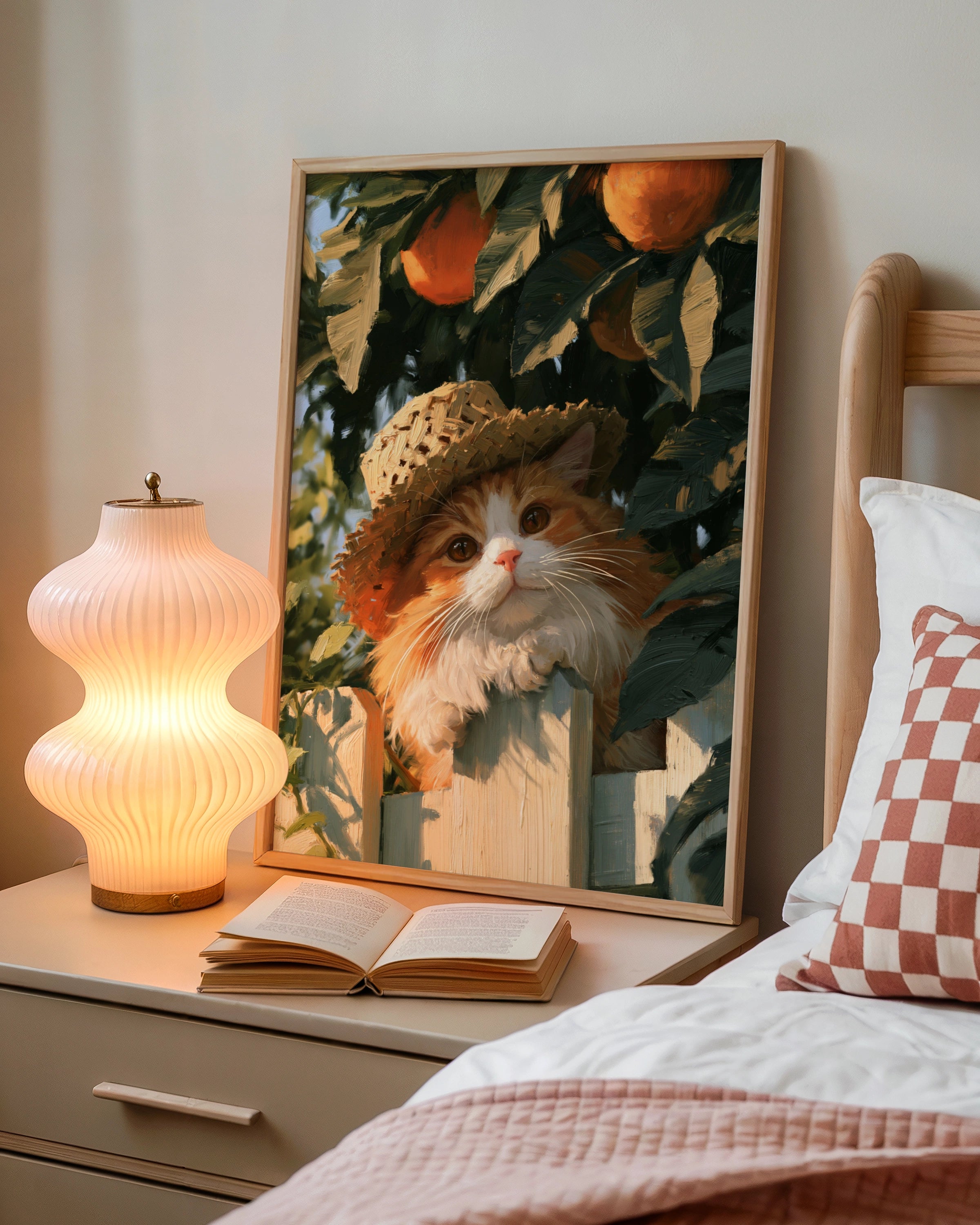 Cat in Straw Hat Orange Tree Garden Poster, Painterly Wall Art