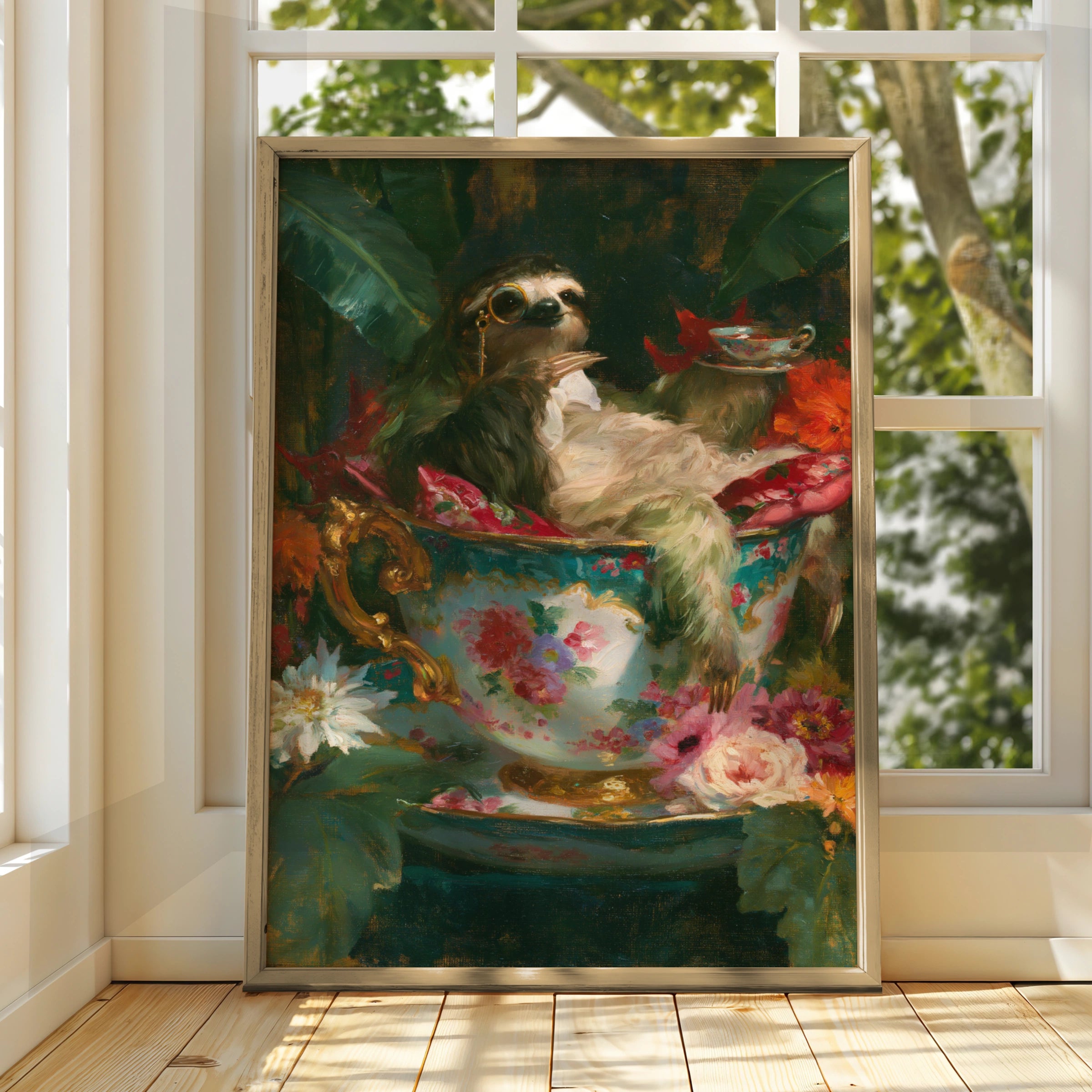 Sloth in Teacup Poster, Floral Oil Painting Style, Whimsical Animal Wall Art