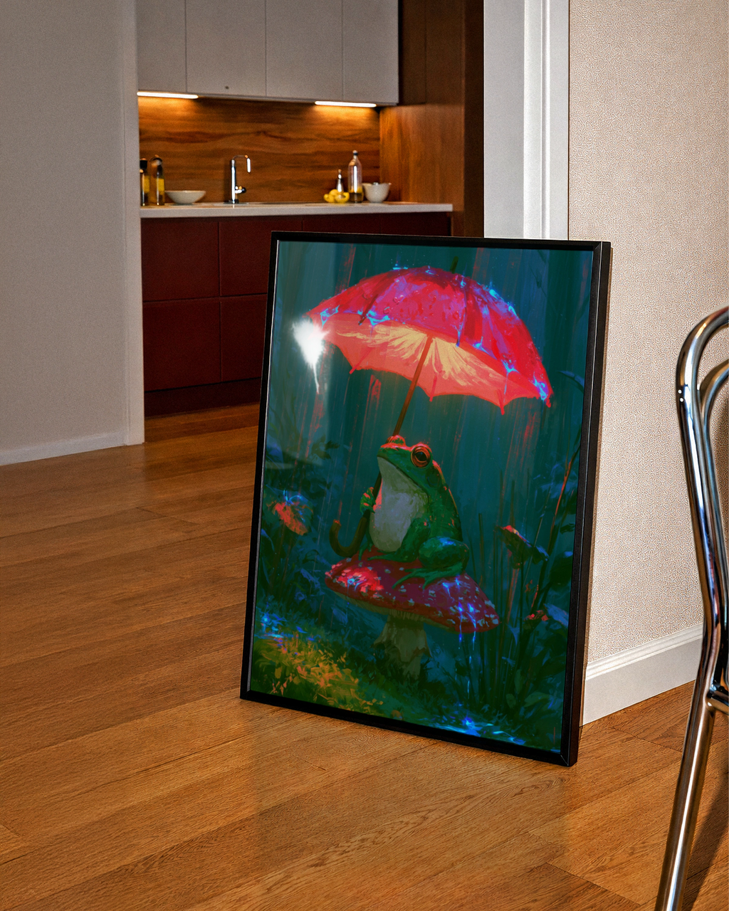 Frog on Mushroom with Umbrella Wall Art Poster, Whimsical Forest Print