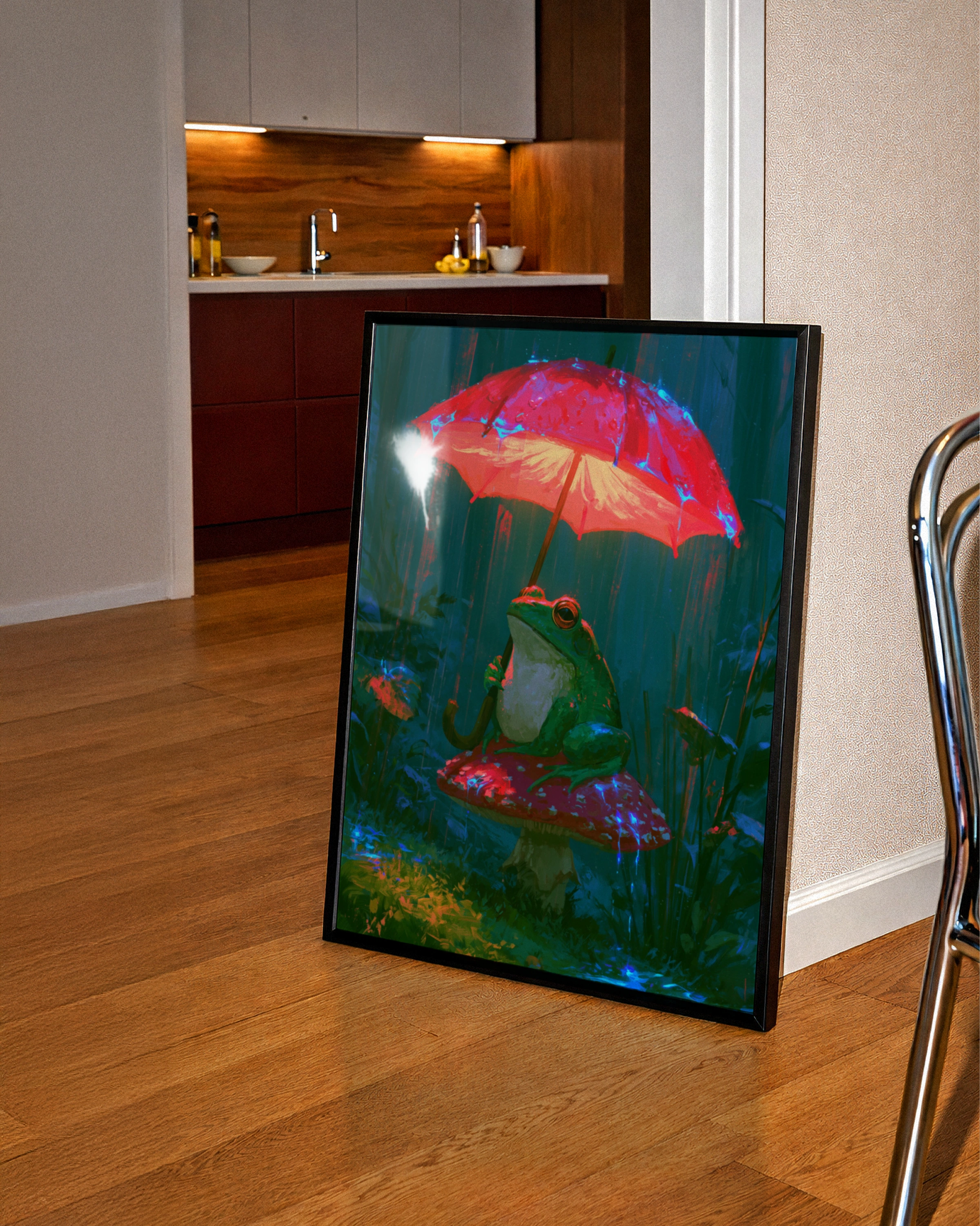 Frog on Mushroom with Umbrella Wall Art Poster, Whimsical Forest Print
