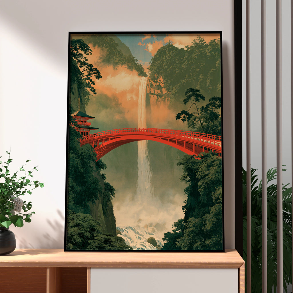 Red Bridge Waterfall Japan Poster, Japanese Pagoda Wall Art, Ukiyo-e Style Print