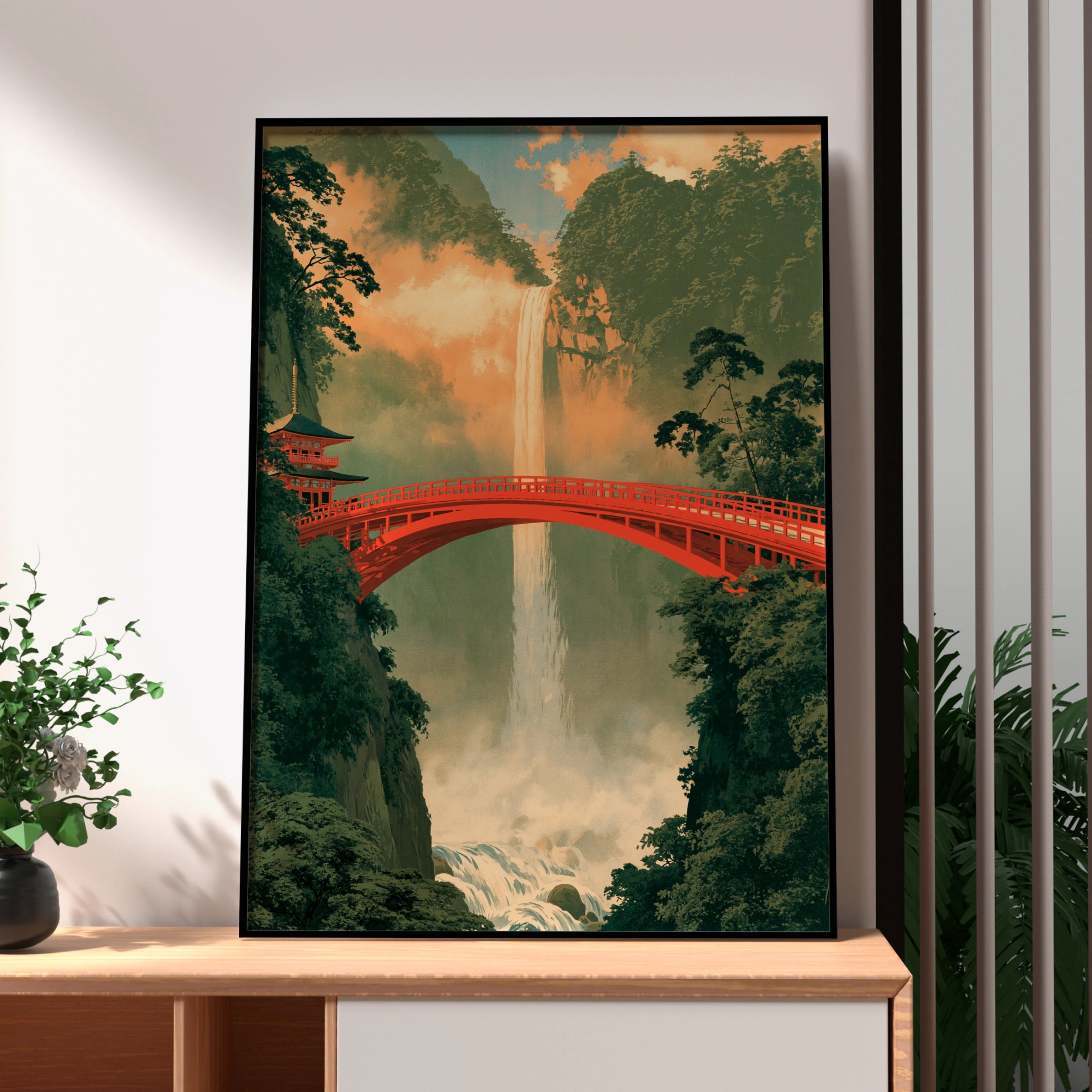 Red Bridge Waterfall Japan Poster, Japanese Pagoda Wall Art, Ukiyo-e Style Print