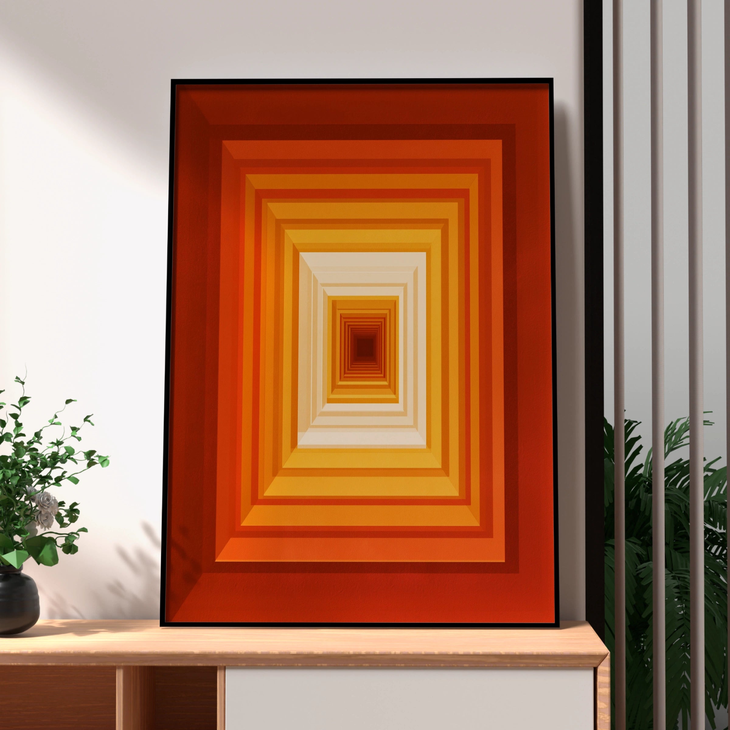 Red Orange Concentric Rectangles Wall Art Poster, Geometric Op Art Print