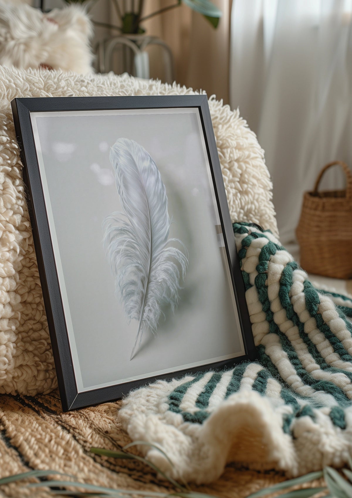 White Feather Wall Art Poster, Minimalist Nature Print, Soft Grey
