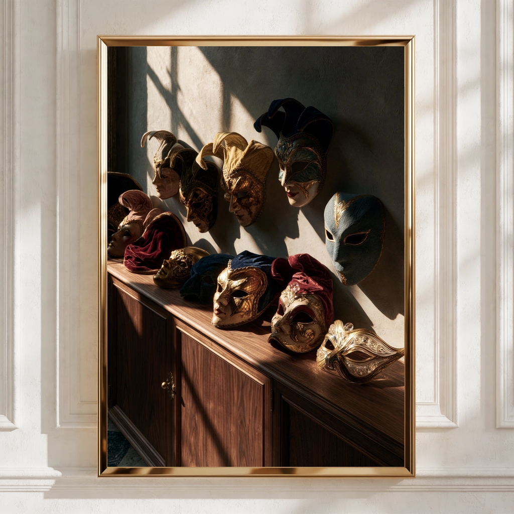Venetian Masks Room Poster, Italian Carnival Wall Art, Dramatic Gold Print