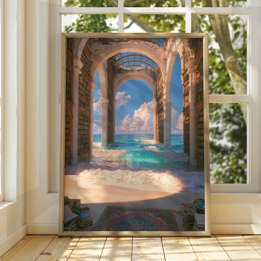 Library Ocean Fantasy Poster, Surreal Bookshelf Sea Arch Print, Dreamy Wall Art