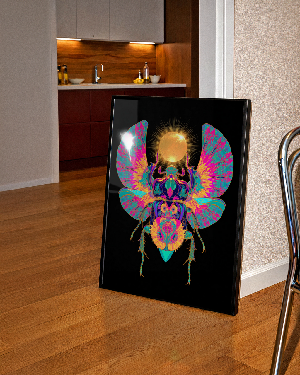 Egyptian Scarab Beetle Poster, Neon Sun Art, Psychedelic Wall Print