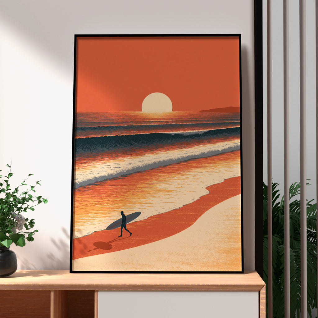 Surfer Sunset Beach Poster, Ocean Waves Wall Art, Retro Surf Print