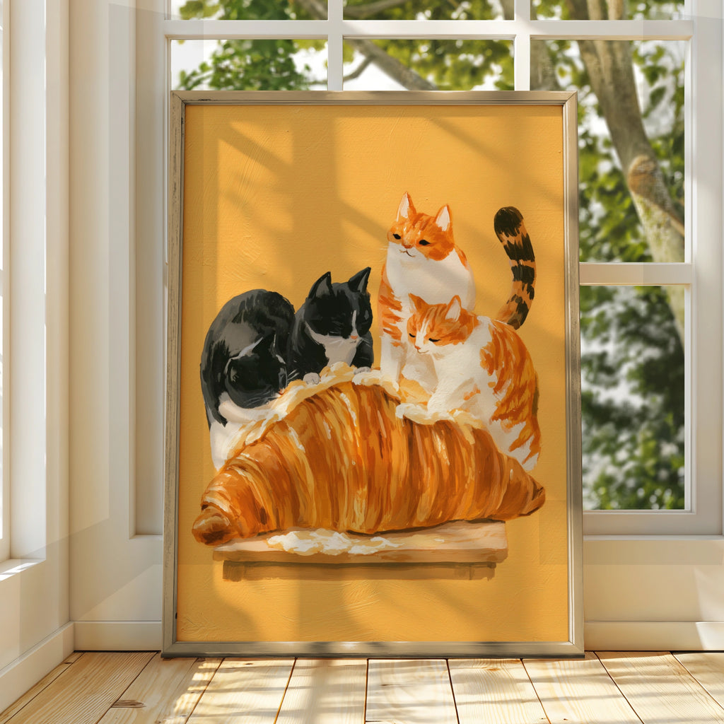 Cats on a Croissant Poster, Funny Cat Wall Art, Warm Yellow Kitchen Print