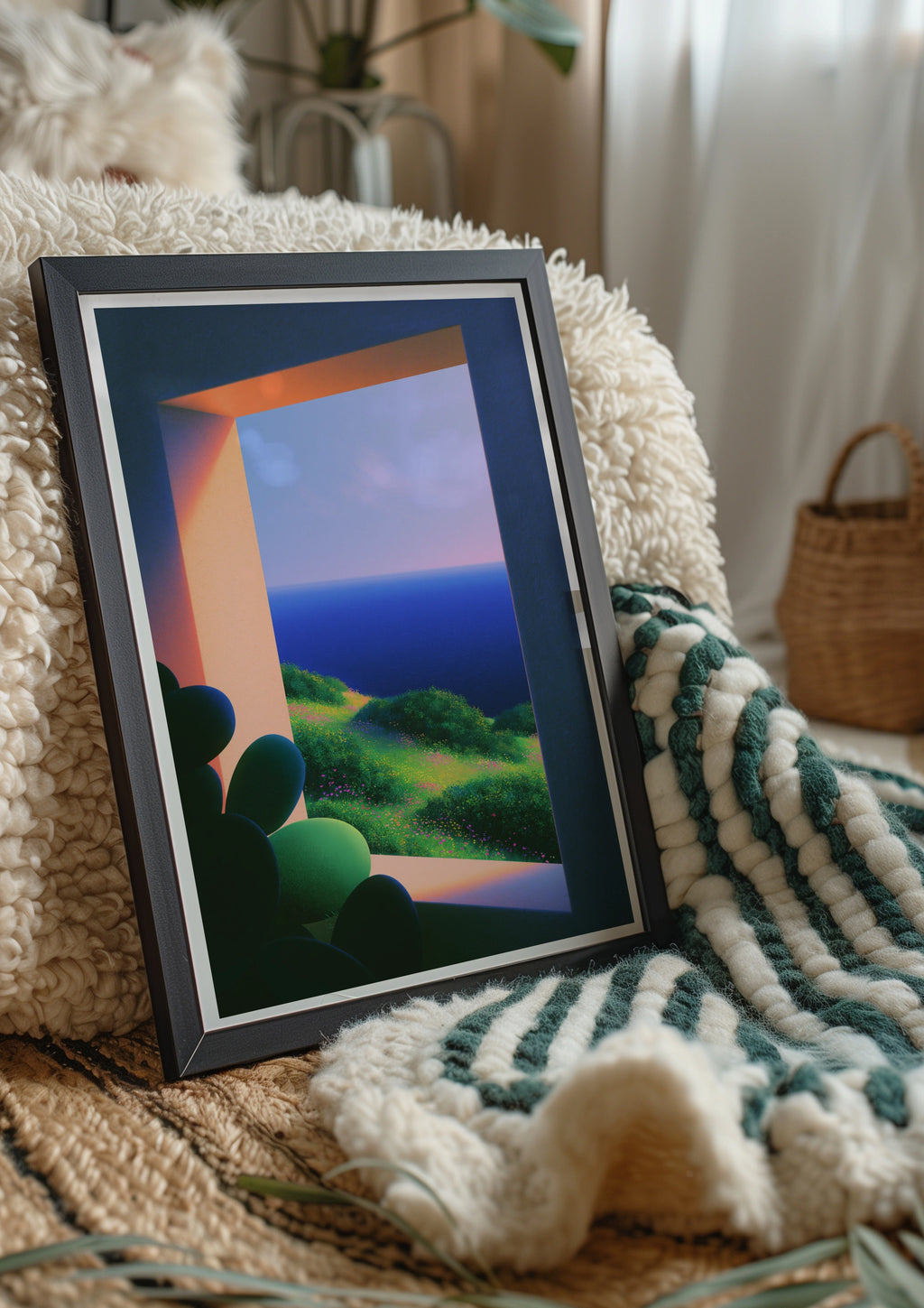Cactus Window Ocean View Poster, Botanical Coastal Wall Art, Minimalist Print