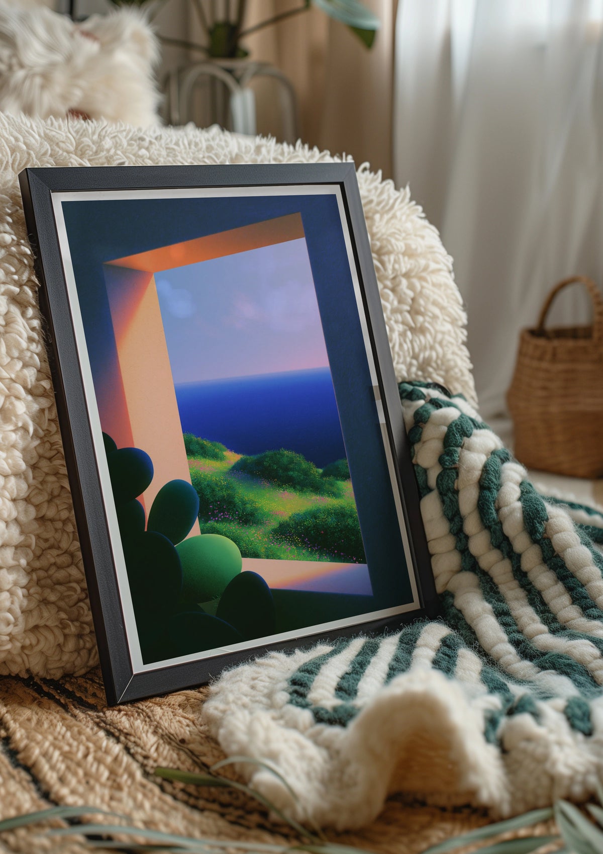 Cactus Window Ocean View Poster, Botanical Coastal Wall Art, Minimalist Print