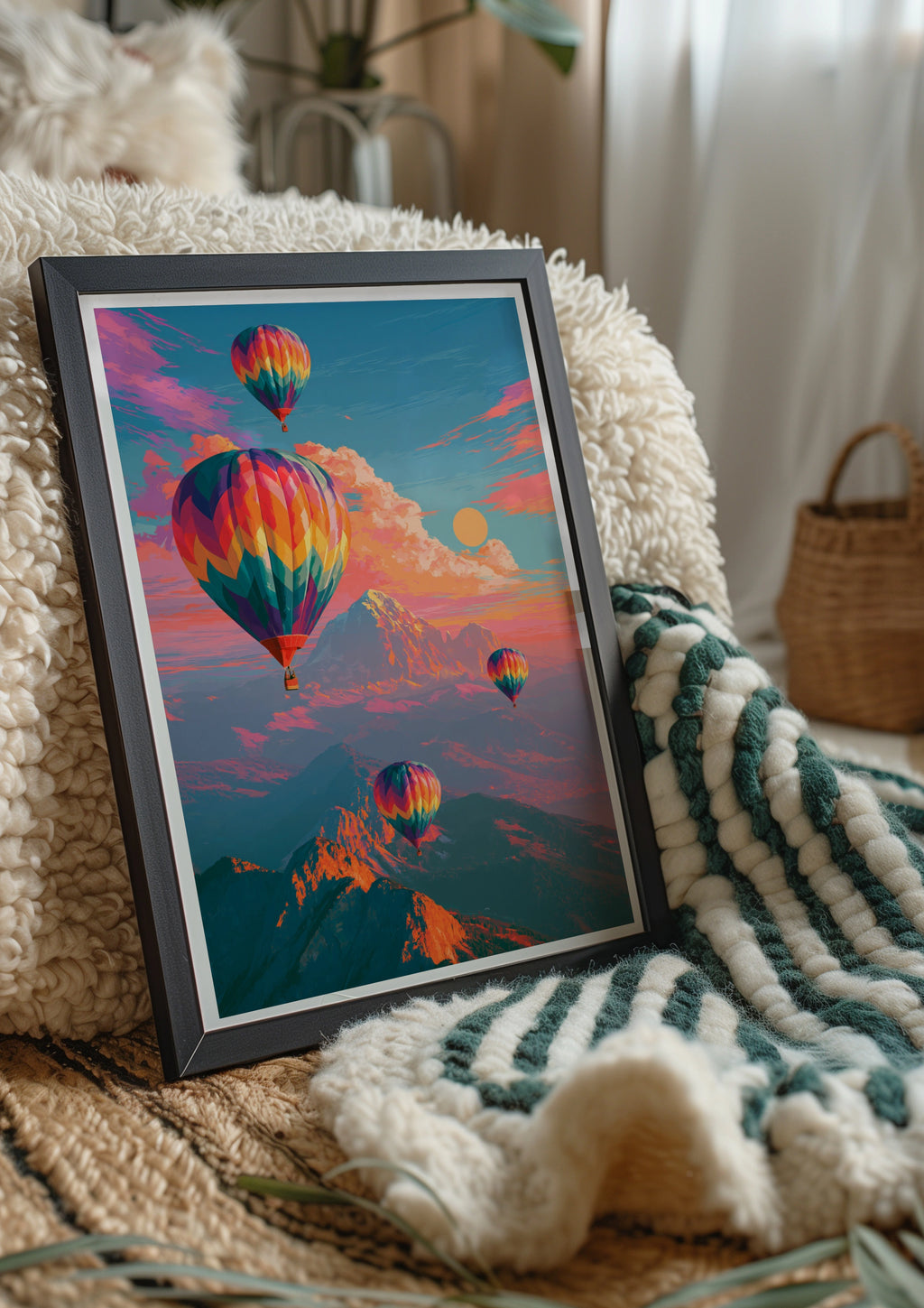 Hot Air Balloons Over Mountains Poster, Colourful Sky Art Print