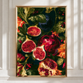 Figs & Pomegranate Still Life Poster, Dark Botanical Wall Art Print