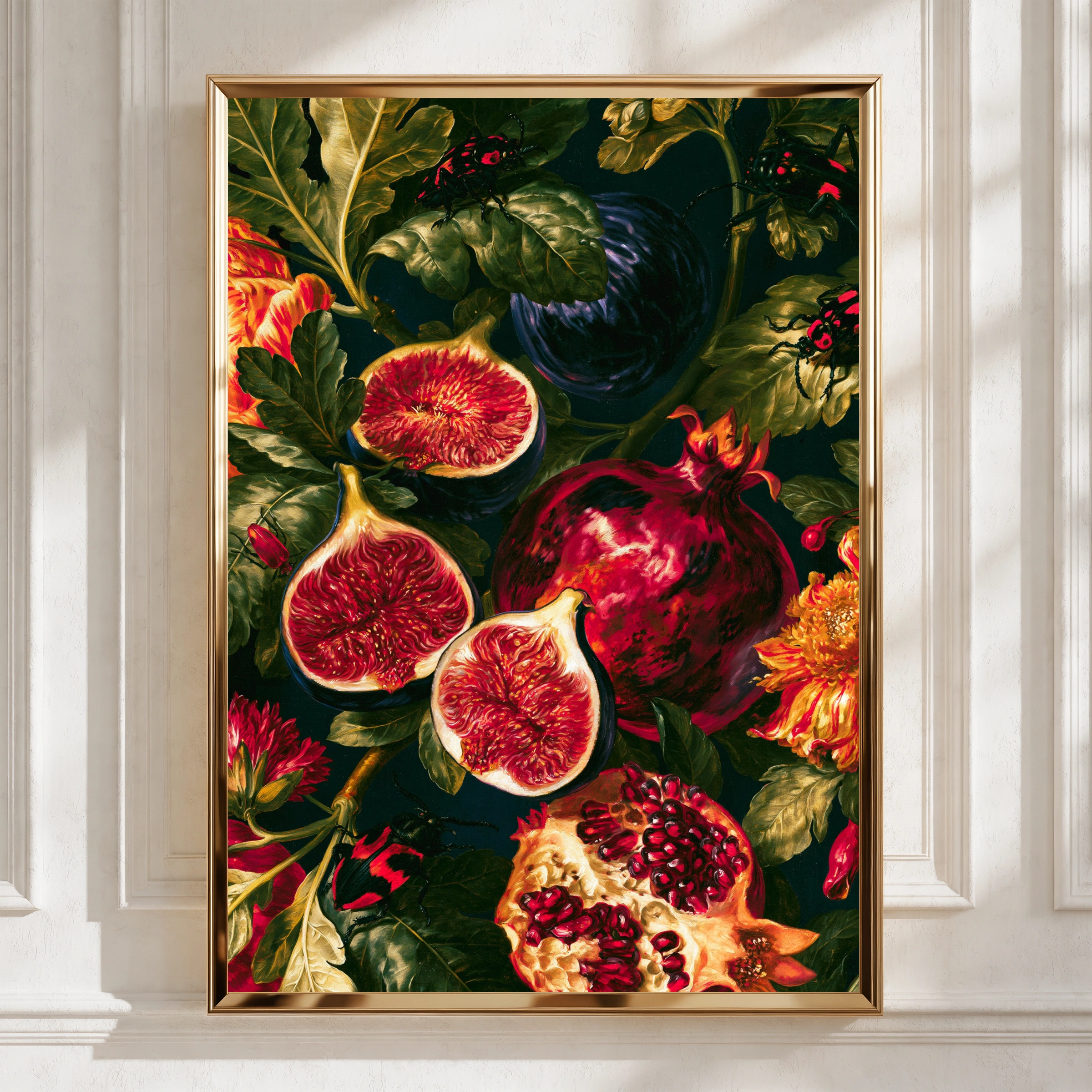 Figs & Pomegranate Still Life Poster, Dark Botanical Wall Art Print