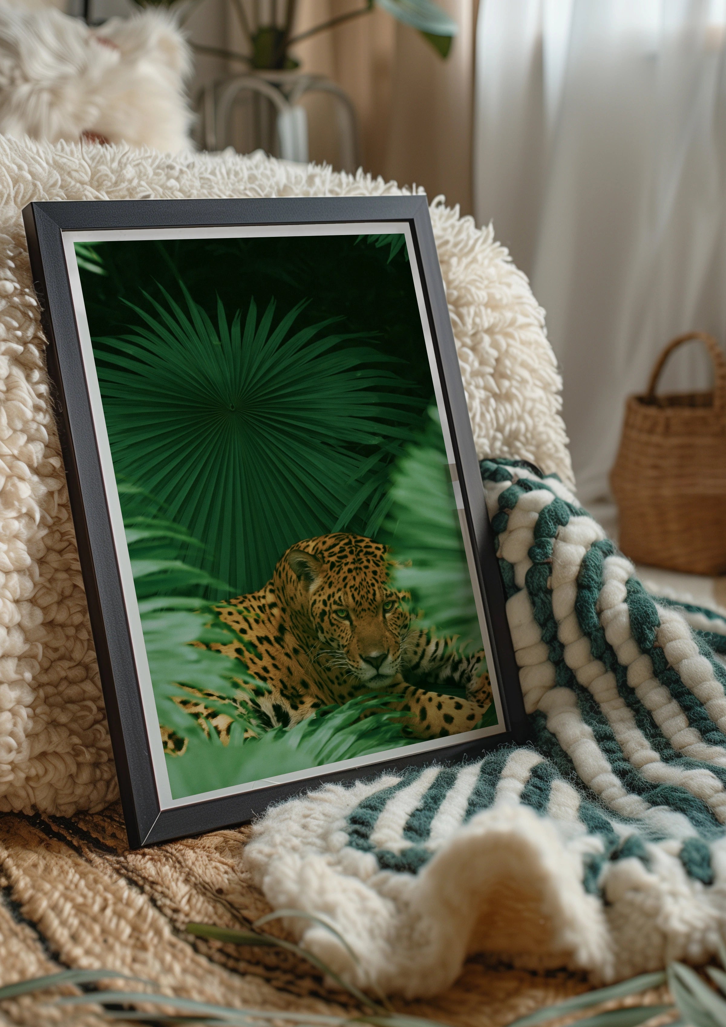 Jaguar in Palm Jungle Poster, Tropical Wildlife Art Print, Bold Green