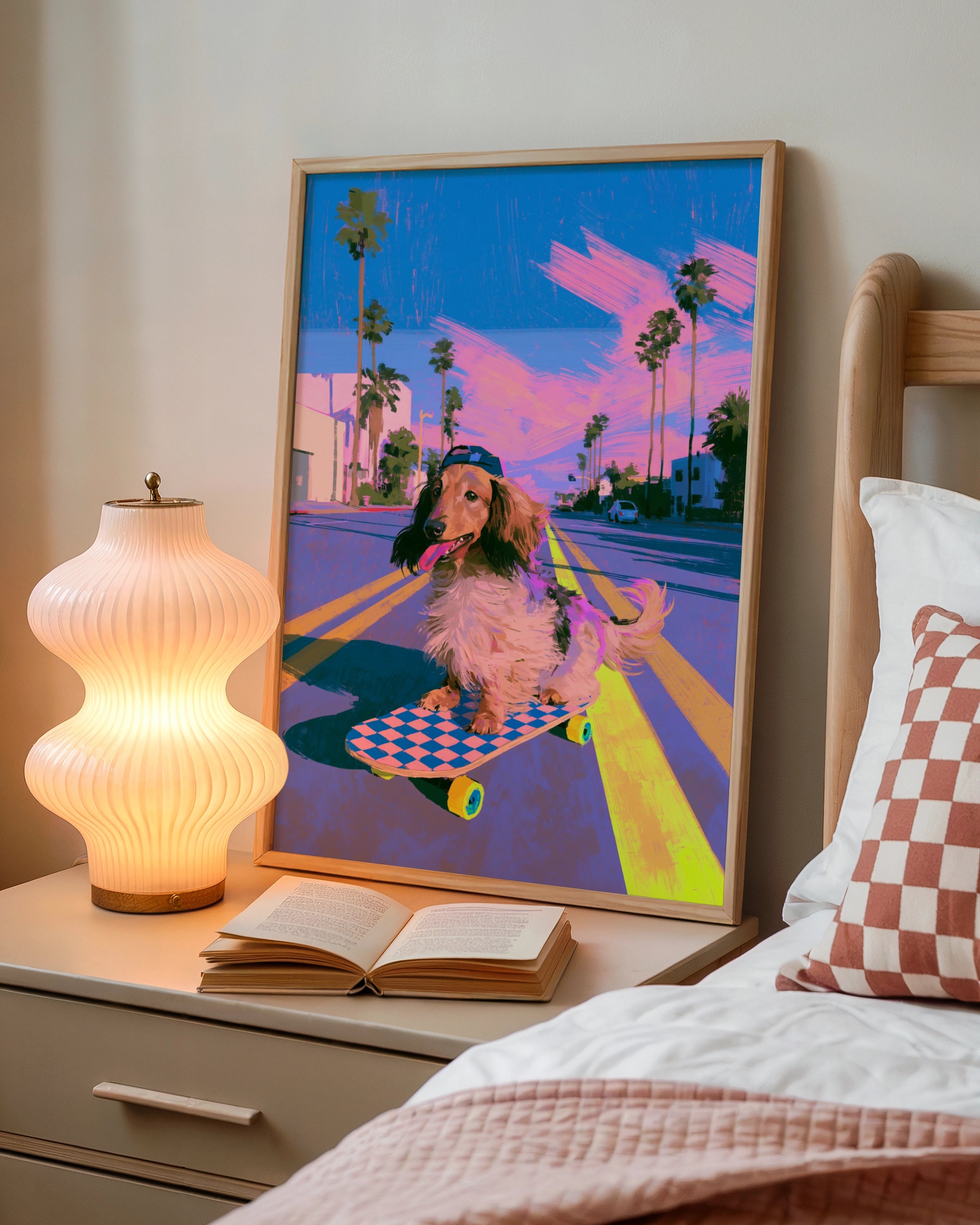 Dachshund Skateboard Poster, Sausage Dog Wall Art, Retro Vaporwave Print