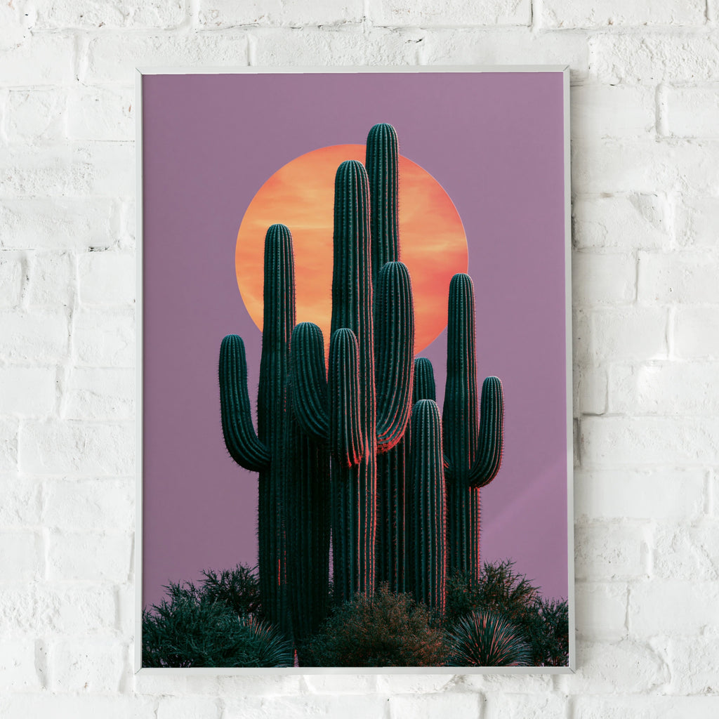 Cactus Moon Pink Sky Wall Art Poster, Desert Saguaro Print, Botanical