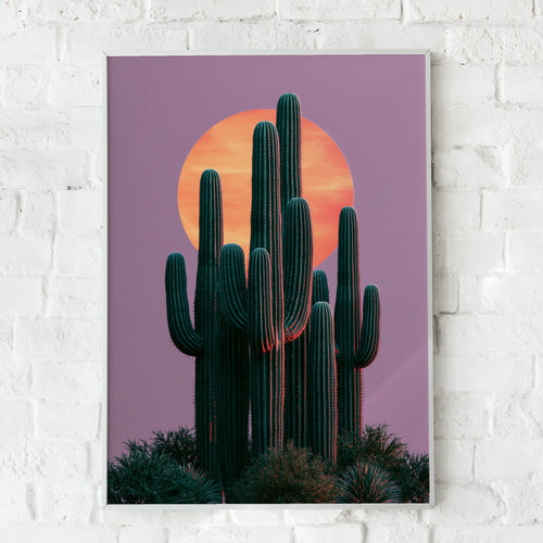 Cactus Moon Pink Sky Wall Art Poster, Desert Saguaro Print, Botanical